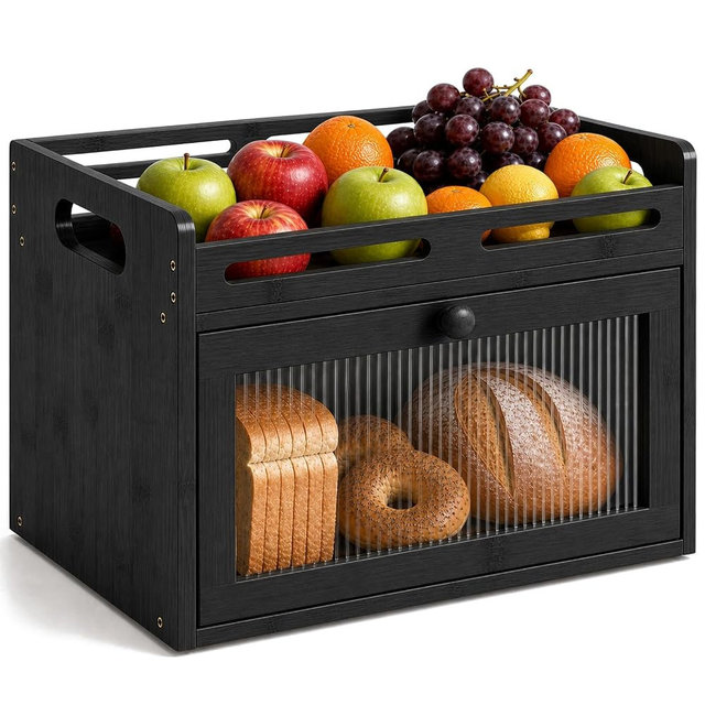 Coiesol Bread Box for Kitchen Countertop, Bamboo Bread Storage Container with Raised-Rail Top Shelf and Acrylic Window, Farmhouse Breadbox Organizer for Pantry, Fruit, Spices, Black