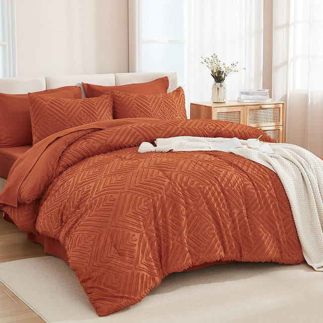 Andency King Size Comforter Set Burnt Orange - 7 Pieces Bed in a Bag King Boho Terracotta Beddding Comforter Sets, Rust Tufted Bed Set with Comforter, Sheets, Pillowcases & Shams