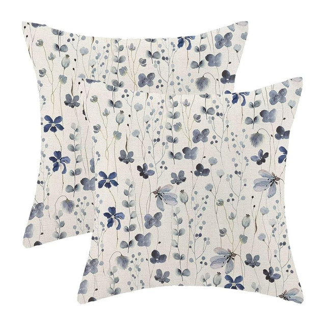 Spring Blue Floral Throw Pillow Covers 18x18 Set of 2, Flower Print Linen Decorative Pillow Covers Watercolor Branch Decoration Outdoor Cushion Cover Blue Floral Pillowcase for Sofa Couch Farmhouse