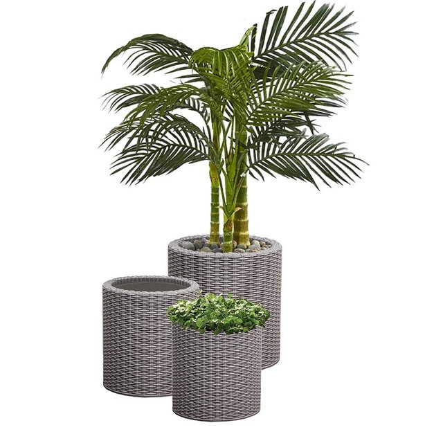 Keter Cylinder Set of 3 Rattan Resin Planter for Indoor and Outdoor Plants Ideal Decorative Planter for Porches and Patio Decor, Taupe