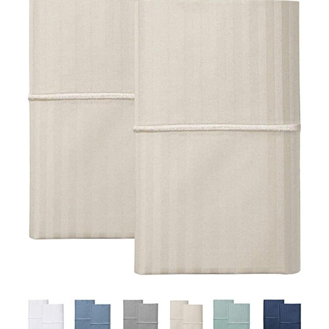 Feather & Stitch 2 Piece Pillowcase Set Standard Size Beige 100% Cotton Damask Stripe Pillow Cases 500 Thread Count 20x30 Inches Ultra Soft Luxury Sateen Weave Bed Pillow Covers