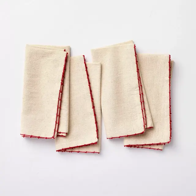 4pk Embroidered Trim Cloth Napkins Natural/Red - Hearth & Hand™ with Magnolia