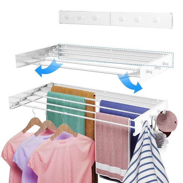 kenvc Upgrade 6 Knob Hooks Wall Mounted Drying Rack: 40" Wide Collapsible Laundry Drying Racks, 5 Aluminum Rods,16.5 Linear Ft Drying, 60lb Load Capacity with Wall Template for Bathroom Balcony