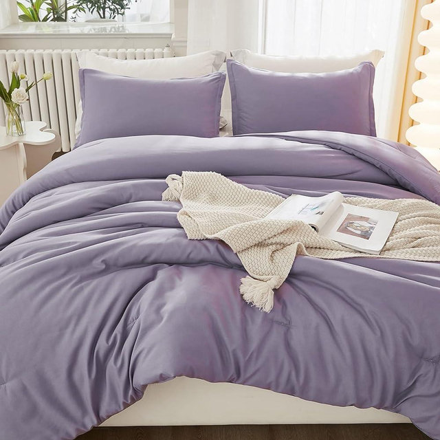Litanika Grayish Lavender Purple Comforter Set Queen Size, 3 Pieces Lightweight Solid Bedding Set & Collections, All Season Fluffy Bed Set (90x90In Comforter & 2 Pillowcases)