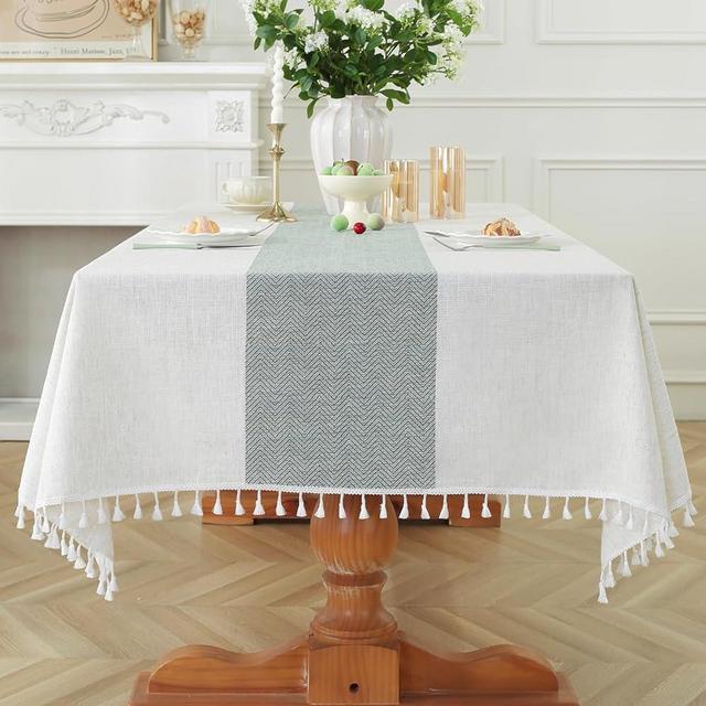Laolitou Rectangle Tablecloth for Dining Table Rustic Farmhouse Kitchen Table Cloth Coffee Table Cover, Cotton Linen Fabric Small Rectangle Tablecloths, Green Stripe, 55x70 Inch