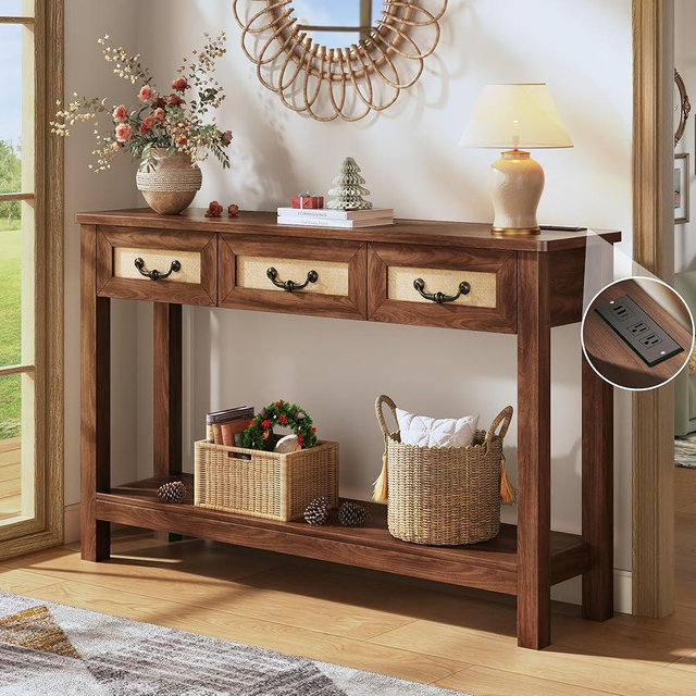 HUAHUU 47.2" Console Table with 3 Rattan Drawers, Long Sofa Table with Storage Behind Couch, Farmhouse Entryway Table with Power Outlet & Open Storage for Entrance/Hallway/Foyer/Living Room, Walnut