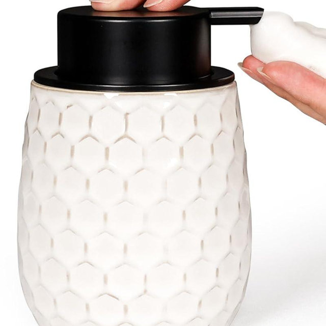 Foaming Soap Dispenser, 13OZ Ceramic Foam White Hand Soap Dispenser with Honeycomb Design for Kitchen or Bathroom, Refillable Dish Lotion Dispenser, ANTIS'S HOME