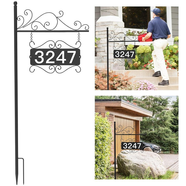 Metal Address Plaque for Outside, House Numbers for Outside, Street House Numbers for Outside, Address Sign for Houses, Double-Sided Address Sign for House Home Street Garden Yard (44" Pole)