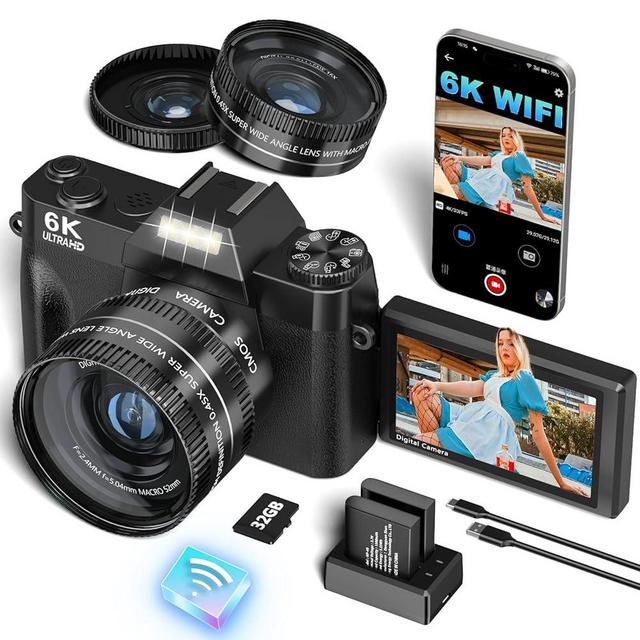 VJIANGER 2025 Upgrade 6K Digital Camera for Photography 64MP Vlogging Camera for YouTube with WiFi, 180°Flip Screen, 16X Digital Zoom, 52mm Lens, 32GB Micro SD Card, 2 Batteries(Black)