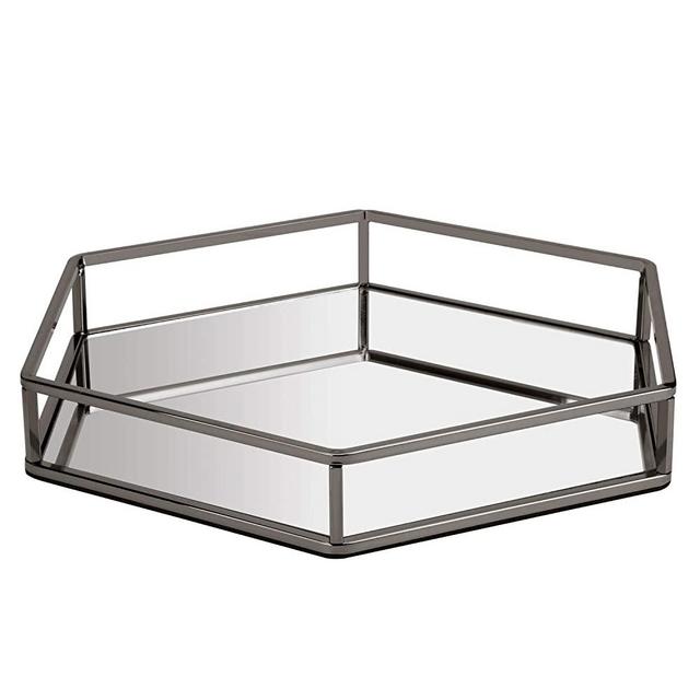 Hexagon Glossy Black Metal and Mirrored Decorative Glass Tray, Vanity Mirror Perfume Catchall Tray, Perfect Storage Organizer Tray for All Occasions (Glossy Black, 13.813.82.2 inch)