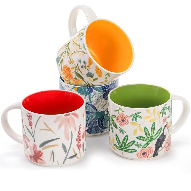 Frcctre Set of 4 Ceramic Coffee Mug Set, Large 15 Ounce Ceramic Tea Cup with Handle, Vintage Hand Painted Floral Porcelain Mug Colorful Restaurant Mug for Coffee, Tea, Milk, Hot Cocoa