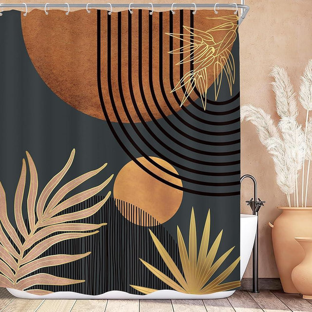KOMLLEX Mid Century Brown Black Boho Shower Curtain 60Wx72L Inches Abstract Modern Shower Curtain for Bathroom Decor Plant Botanical Minimalist Arch Sun Fabric Liner Waterproof Polyester 12 Pack Hooks