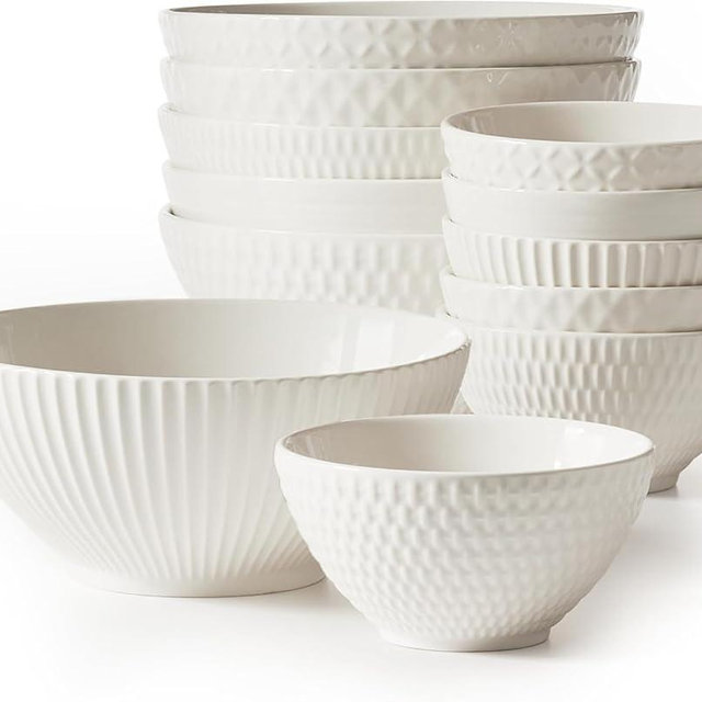 Maison Neuve The Gianna Collection by Set of 12 White Ceramic Bowls - 6 White Soup Bowls (24oz) and 6 Dipping Bowls (9oz) - Dinner Bowls for Eating Salad, Dessert, Serving Dips & Sauces - Gift Set