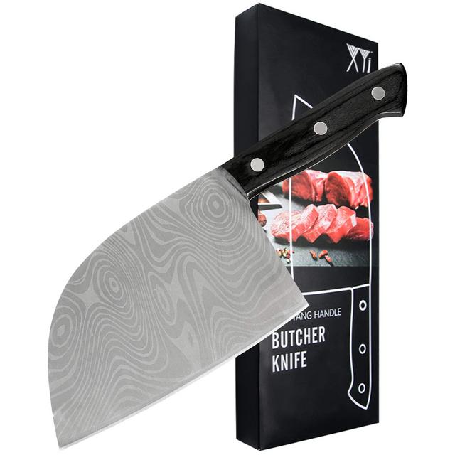 XYJ Full Tang Serbian Knife 3CR13 Stainless Steel Butcher Chef Knife Laser Pattern Blade Kitchen Chopping Knife for Meat Fish Vegetable Cooking Accessories