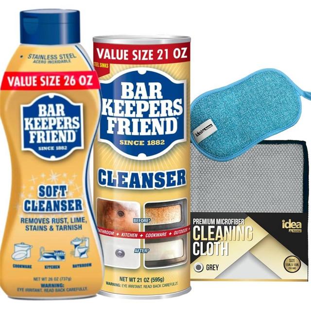 Idea Home Bar Keepers Friend ULTIMATE CLEANING KIT | Liquid Soft Cleanser 26 oz + Cleanser & Polish Powder 21 oz Bundle Microfiber Cleaning Cloth + Multi-Purpose Non-Scratch Microfiber Sponge
