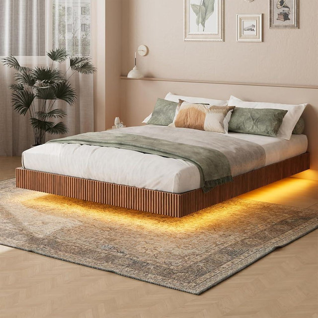 Evermagin Walnut Queen Floating Bed Frame with led Lights, Mid Century Modern Fluted Floating Platform Bed No Headboard, Heavy Duty Metal Float Bedframe No Box Spring Needed