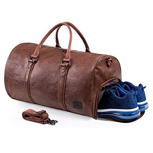 Leather Travel Bag with Shoe Pouch， Waterproof Weekender Overnight Bag, Large Carry On Duffel Bag for Men Women-Brown
