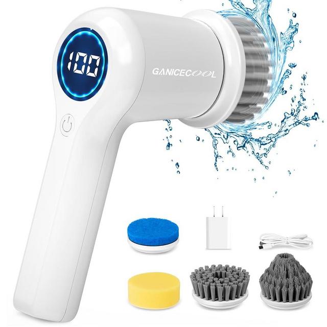 GANICECOOL Electric Spin Scrubber, Cordless Electric Shower Scrubber with 4 Replaceable Shower Cleaning Brush Heads Rechargeable for Cleaning Tub, Tile, Floor, Sink, Window, Stove (White)
