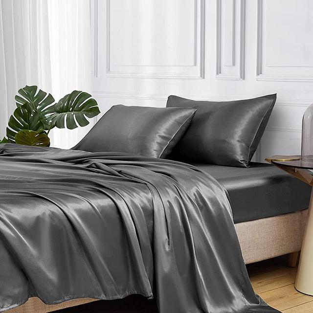 MR&HM Satin Bed Sheets, Queen Size Sheets Set, 4 Pcs Silky Bedding Set with 15 Inches Deep Pocket for Mattress (Queen, Dark Grey)
