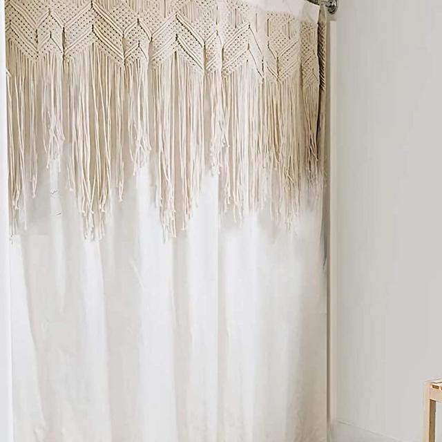 YoKii Macrame Shower Curtain, 72-Inch Ivory Fabric Boho Bathroom Shower Curtain Sets Inset Hand Braided Vintage Cotton Macrame Curtain Decor, Heavy Weighted & Waterproof (Natural Cotton, 72 x 72)
