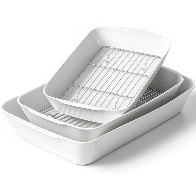 HOMBENE Casserole Dishes for Oven, Ceramic Baking Dishes Set of 3 with Roasting Racks, Rectangular Lasagna Pan with Handles for Baking, Gift, Dinner Microwave Oven Safe (2QT/3QT/4.2QT)