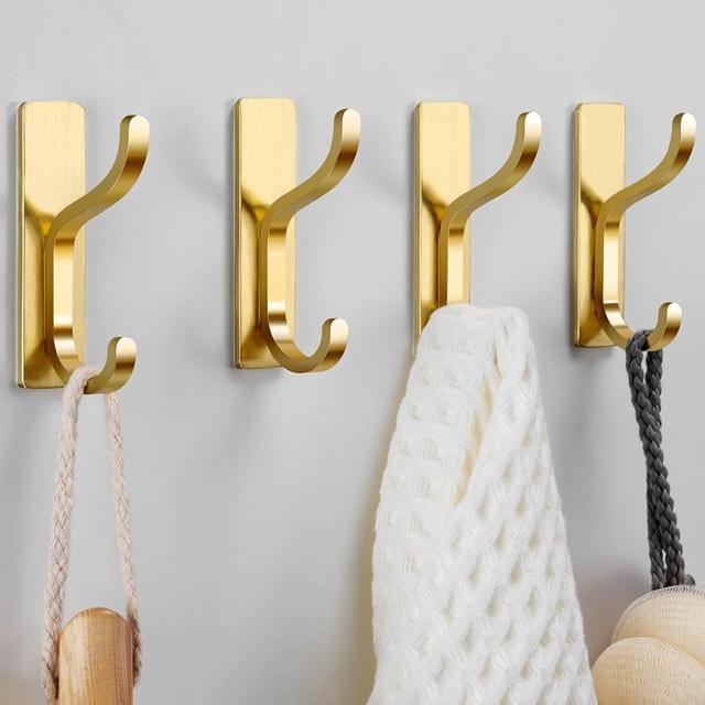 Self Adhesive Wall Hooks for Hanging: Stick-On Hooks Hold 13 LB, Coat Hook,Towel Hooks For Bathrooms,Shower Hooks for Wall,Door Hooks Hanging Towel, Kitchen Hook,Metal hooks for hanging,Gold 4 Pack