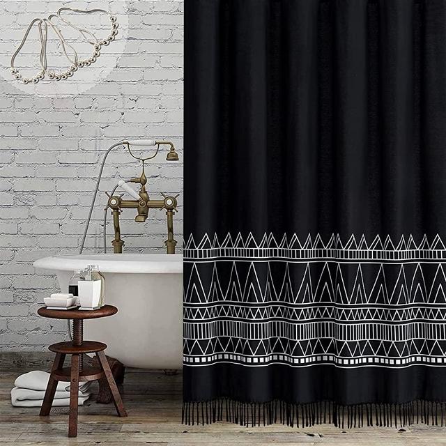 BTTN Extra Long Shower Curtain - 72x84 Inch Long 100% Cotton Farmhouse Boho Fabric Curtain with Tassel, Modern Geometric Decor, Bohemian Chic Neutral Shower Curtains Set with 12 Metal Hooks, Black