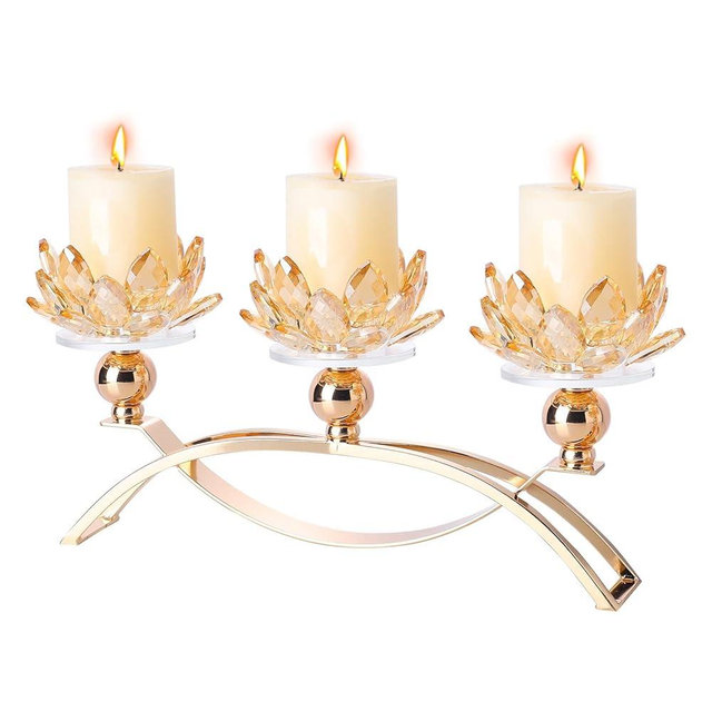 DOUNX Crystal Candle Holders 3 Arms Lotus Candelabras Gold Arch Candlestick Table Centerpieces for Wedding,Dinning Room,Cabinet Ornaments,Home Decoration