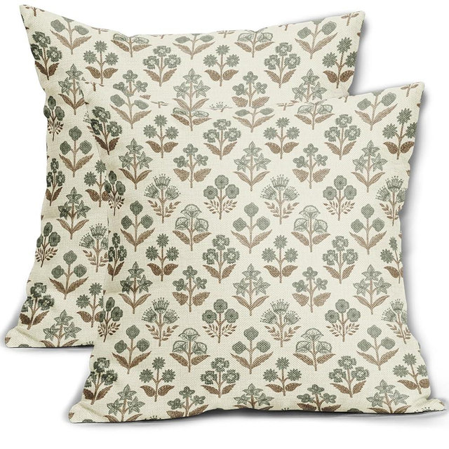 Brown Green Floral Block Print Pillow Covers 20x20 Inch Set of 2, Vintage Flower Pattern Decorative Throw Pillowcases Outdoor Farmhouse Cushion Covers Spring Summer Rustic Sofa Couch Bed Decor