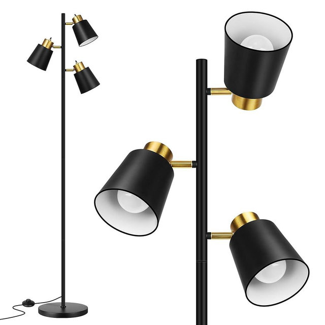 QiMH Tree Floor Lamps for Living Room, 67" Modern Standing Floor Lamp with 3 LED Bulb, Industrial Tall Lamp Reading Lighting for Bedroom Study Office Decor, 3 Rotatable Light Heads, Black Gold