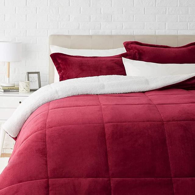 Amazon Basics Ultra-Soft Micromink Sherpa Comforter Bed Set - Burgundy, Full/Queen