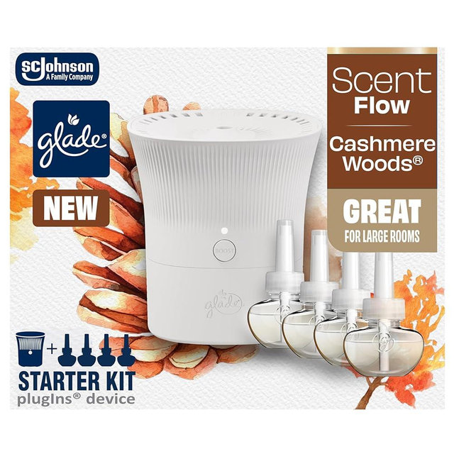Glade Scent Flow PlugIns Air Freshener, Cashmere Woods, 1 Device + 4 Refills, 2.61 fl oz