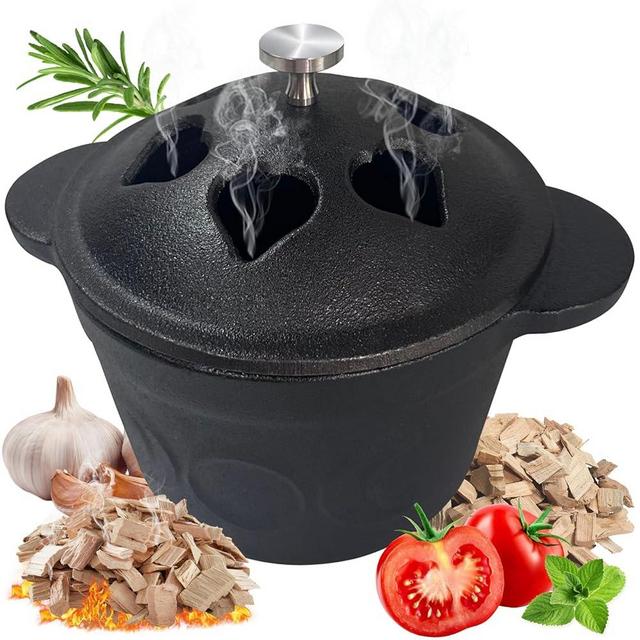 BOLVOUD Cast Iron Smoker Roaster & Garlic Roaster Baker, Pre-Seasoned Cast Iron Dutch Oven, Gourmet Herb Garlic Roaster for Grill Oven, Triple Moon Cast Iron Cauldron with Lid, Wood Chip Smoker Box