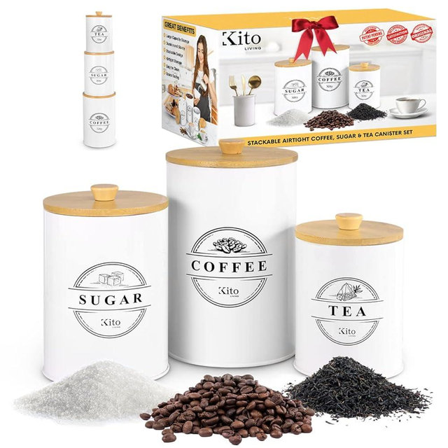Kito LIVING Canisters Sets for Kitchen Counter Storage and Organization with Wooden Bamboo Lids, Food Pantry Containers, Stackable Steel Storage Bins, Airtight Sugar Tea Coffee Canisters - White