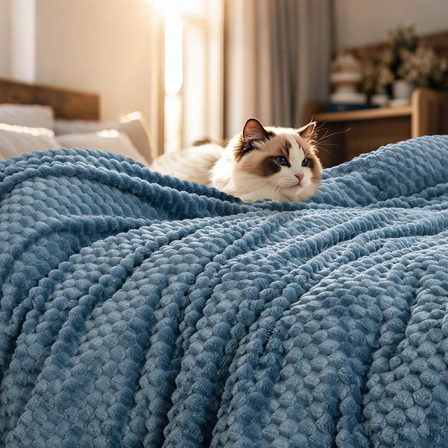 PHF Ultra Soft Flannel Fleece Blanket King Size, Lightweight 3D Jacquard Fleece Blanket, No Shedding, No Pilling, Luxury 340GSM Aesthetic Fluffy Cozy for Bed Room Decor, 108"x90", Captain's Blue