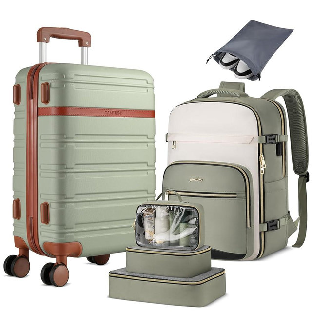 YAMTION Luggage Sets 6 Piece,Hardside 20In Suitcase with Spinner Wheels,TSA Lock,Carry On Suitcase Travel Essentials for Personal Items,Green