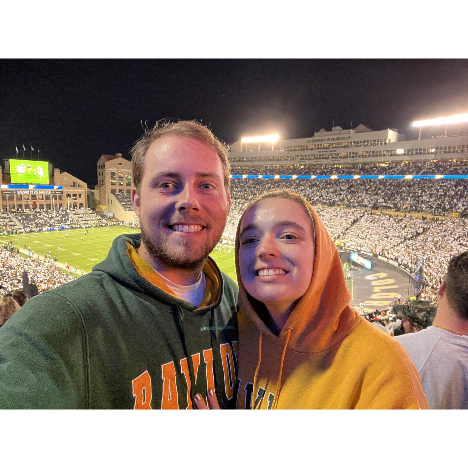 At the Baylor vs University of Colorado game in Colorado 24 hours after the proposal - we bonded over both loving the University of Colorado's new head coach the day we reconnected.