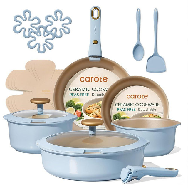 CAROTE 18Pcs Titanium Reinforced Nonstick Pots and Pans Set, Nonstick Cookware Set with Detachable Handle, Induction Kitchen Cookware Sets Removable Handles, Dishwasher Safe, Oven Safe, Blue