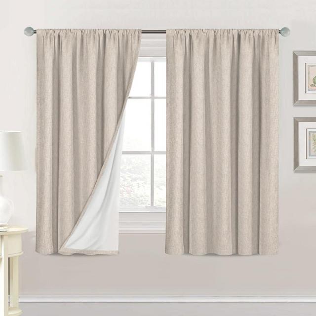 H.VERSAILTEX Linen Look 100% Blackout Curtains 54 Inches Long for Bedroom Full Light Blocking Rod Pocket Linen Textured Thick Window Curtain Drapes with White Backing, Natural, 2 Panels
