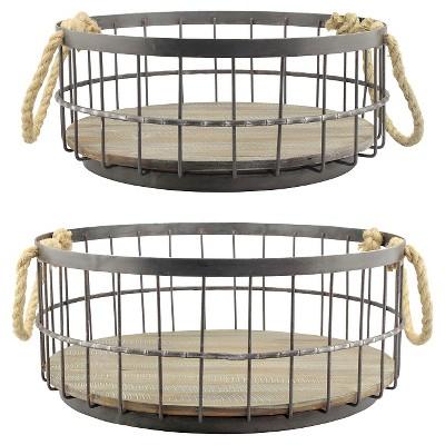 Stonebriar Coastal Wire and Wood Decorative Baskets with Handles