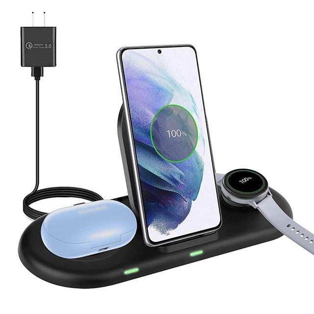 Wireless Charger Stand 3 in 1, Wireless Charging Station Charging Dock Compatible with Samsung Galaxy Watch Active 2 Gear S3 S4, Samsung Galaxy Z Fold/Z Flip 3 S22 S21 S20 S10 Note 20, Galaxy Buds Pro