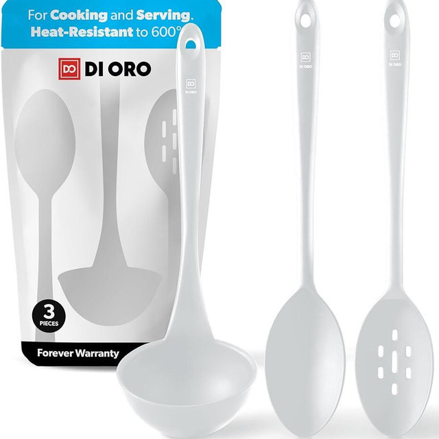 DI ORO Silicone Ladle & Spoons for Cooking – Large Kitchen Spoons for Mixing, Serving, & Stirring - Soup Ladle with Wide Bowl - High Heat Silicone Kitchen Utensils for Nonstick Cookware Safe (Stone)