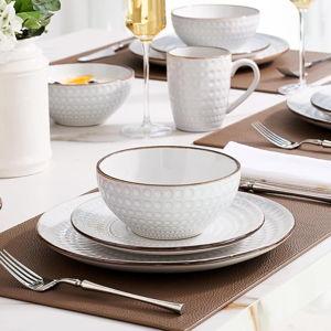 Famiware Eden Plates and Bowls Sets, Stoneware Dinnerware Sets with Gold Trim, 12 Pieces Dishes Set for 4 - Chip and Scratch Resistant, Microwave and Dishwasher Safe, White Circle