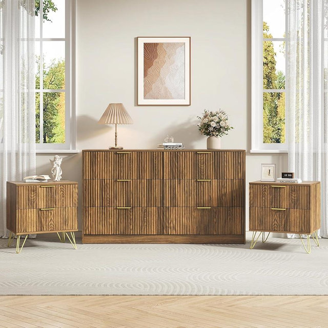 Sscaktu 6 Drawer Dresser and Nightstand Sets for Bedroom, 3 Pcs Bedroom Set, Night Stand Set of 2 & 6 Drawer Dresser with Gold Handles, Modern Wood Chest of Drawers Storage Cabinet Set, Natural