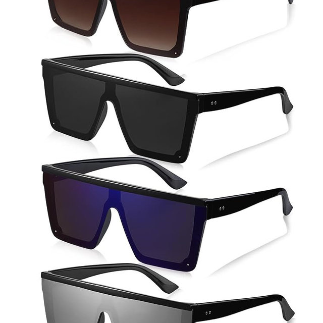 Frienda 4 Pairs Oversized Flat Top Sunglasses Vintage Square Sunglasses Unisex Square Shade Large Sunglasses for Women Men (Ice blue, Gray, Silver, Gradient Brown)