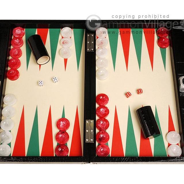 Wycliffe Brothers® Tournament Backgammon Set - Black Croco with Cream Field (Green Points) - Gen III