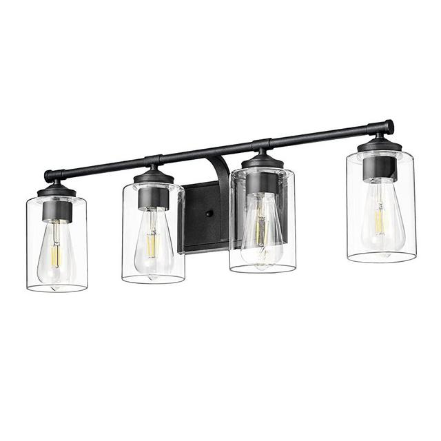 Bathroom Light Fixtures, 4-Light Wall Sconce Black Vanity Light Vintage Style with Clear Glass Shade， Industrial Indoor Wall Mounted Lamp for Mirror, Living Room, Bedroom, Hallway