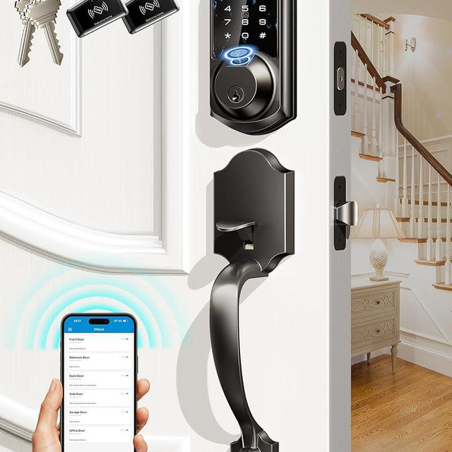 Veise Fingerprint Smart Locks for Front Door with Handle Set, App Control, Keyless Entry Keypad Deadbolt, Digital Electronic Touchscreen, Easy Install, Auto Lock, Matte Black