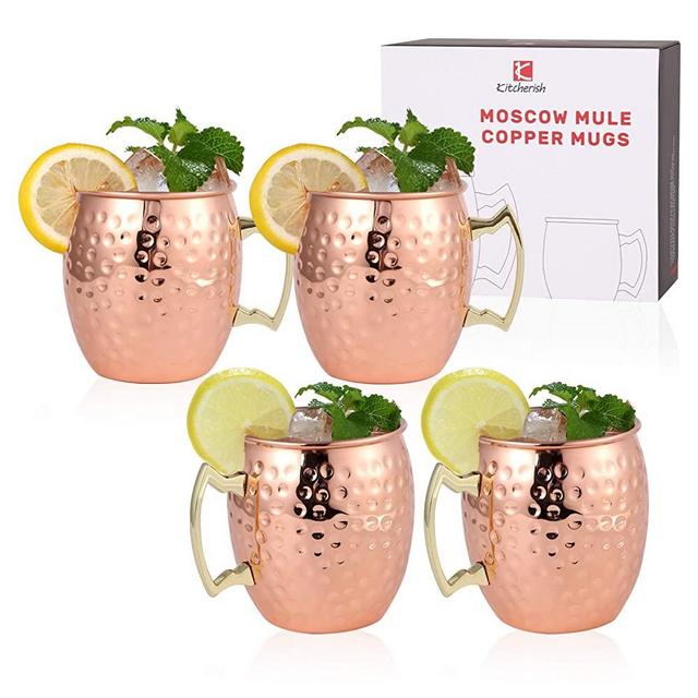 Kitcherish Moscow Mule Copper Mugs Set of 4 Hammered Cups Stainless Steel Lining 18 oz Pure Copper Plating Cups for Drinking