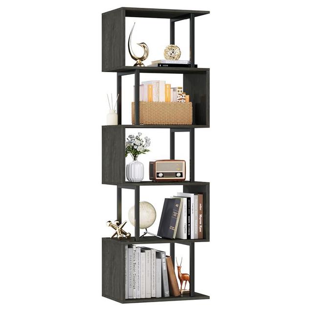 Furologee 6 Tier Bookshelf Tall Geometric Bookcase, S-Shaped Industrial Display Standing Shelf, Metal and Wood Decorative Storage Room Divider Shelves for Bedroom, Living Room, Office, Light Black Oak